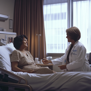 A Dallas woman sitting up on a hospital bed talking to her doctor 