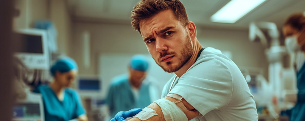 An injured man in a hospital