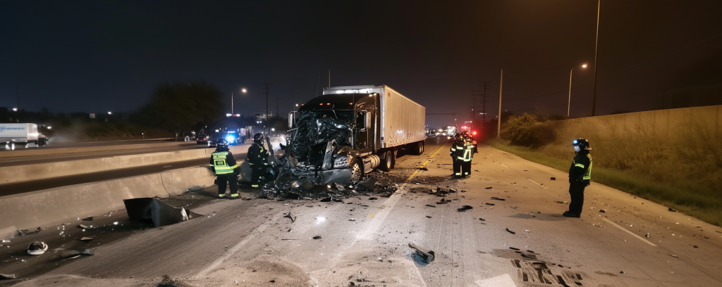 Road traffic police checking a truck accident crash