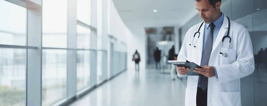 doctor holding a medical bill walking up to patient