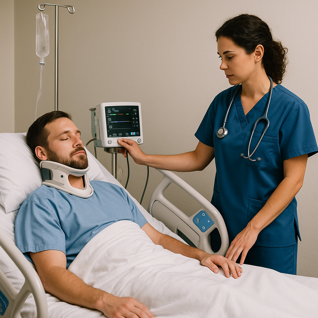 A doctor with a spinal cord injury patient in the hospital