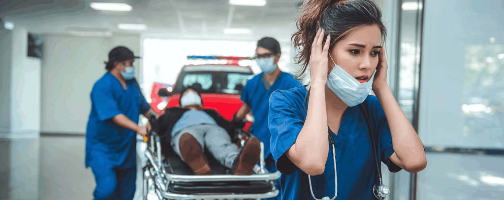 Worried doctor rushing a car accident victim to the ER