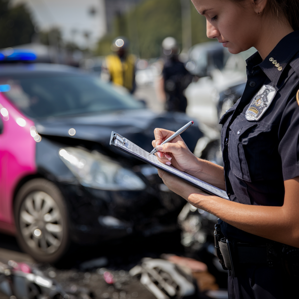 A policewoman writing a Report after a car accident in Dallas