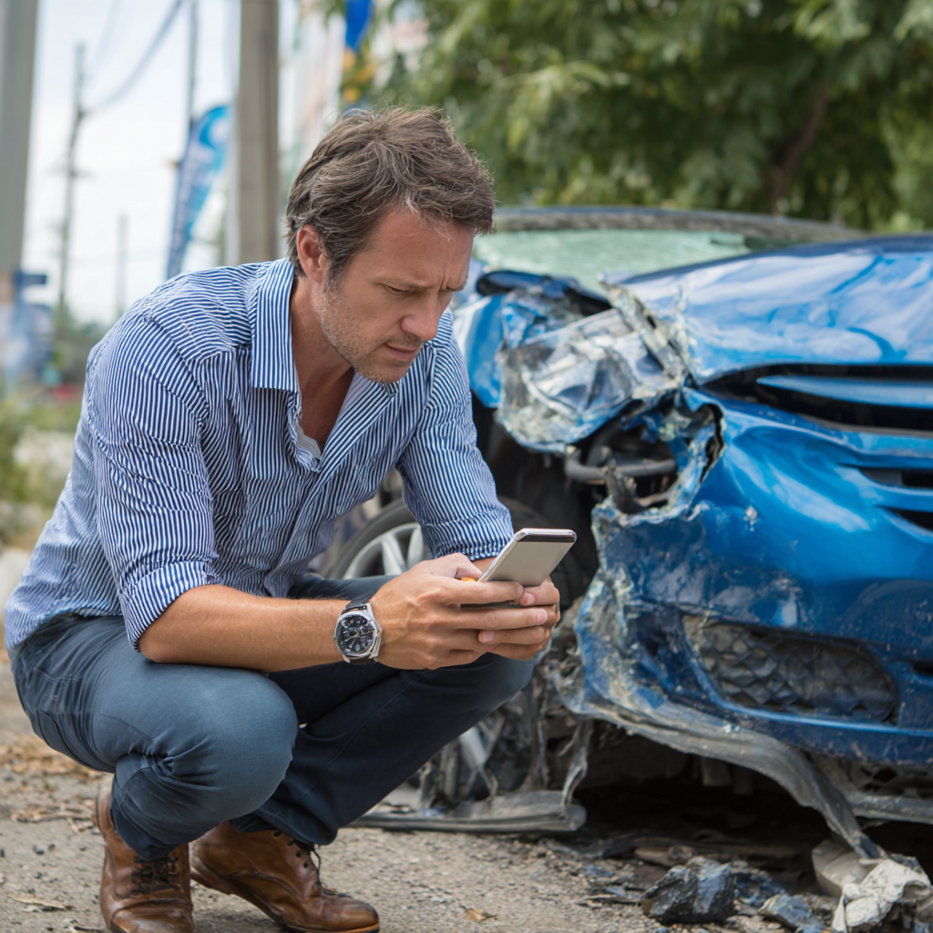 man posting on Instagram after a car accident