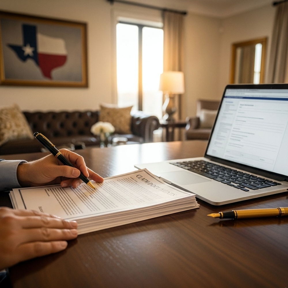 A Texan insurance lawyer preparing his client's claim papers