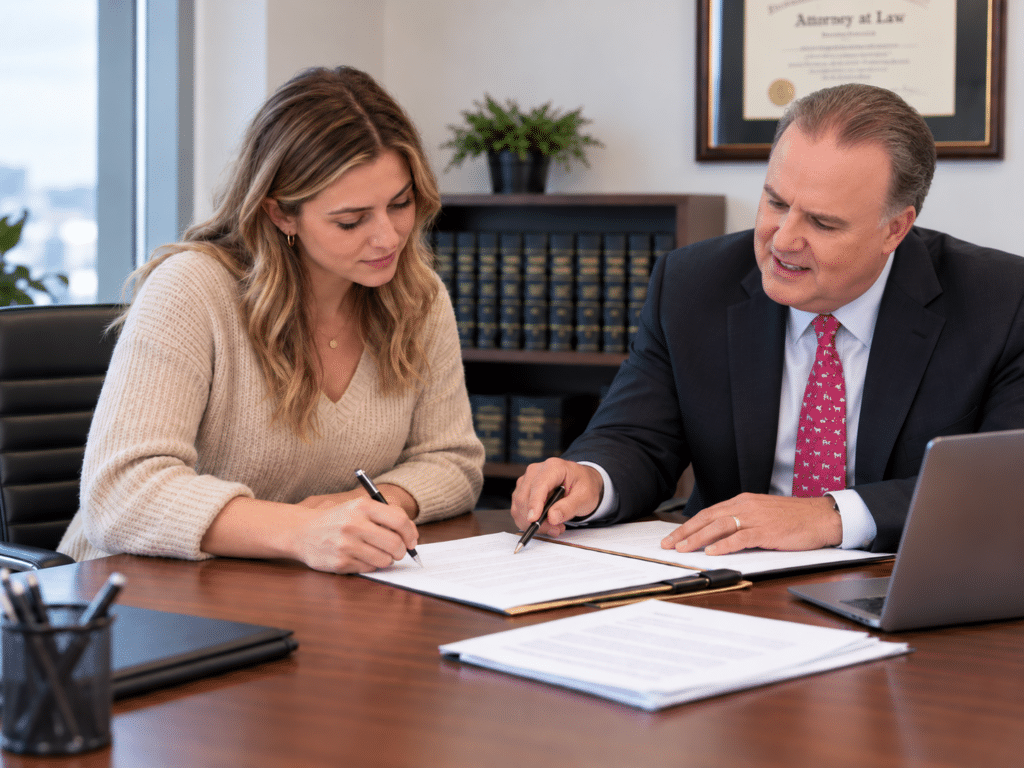 Jay with client signing papers.