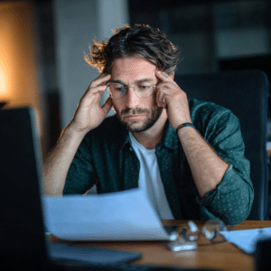 Anxious man answering IRS questions