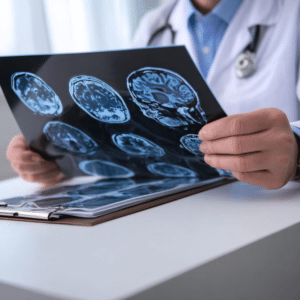 doctor examining MRI image of patient with brain injury