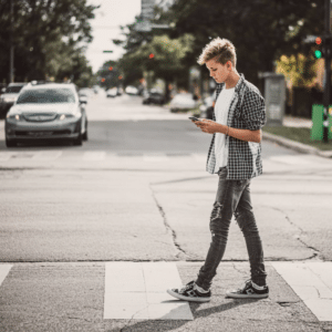 pedestrian crossing the street at a crossing while browsing his cellphone in Dallas