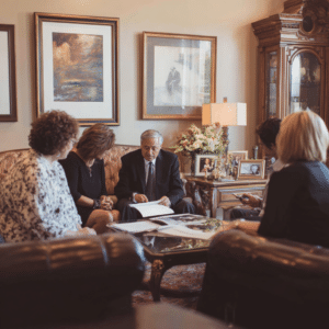 Lawyer explaining wrongful death proceeds to the family of a wrongful death victim