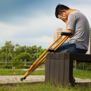 Young man in despair after a life-changing catastrophic accident