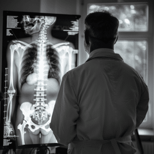 Doctor examining an X-ray for a spinal cord injury in Dallas
