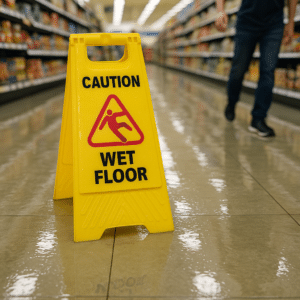 wet floor warning sign inside a Dallas grocery store