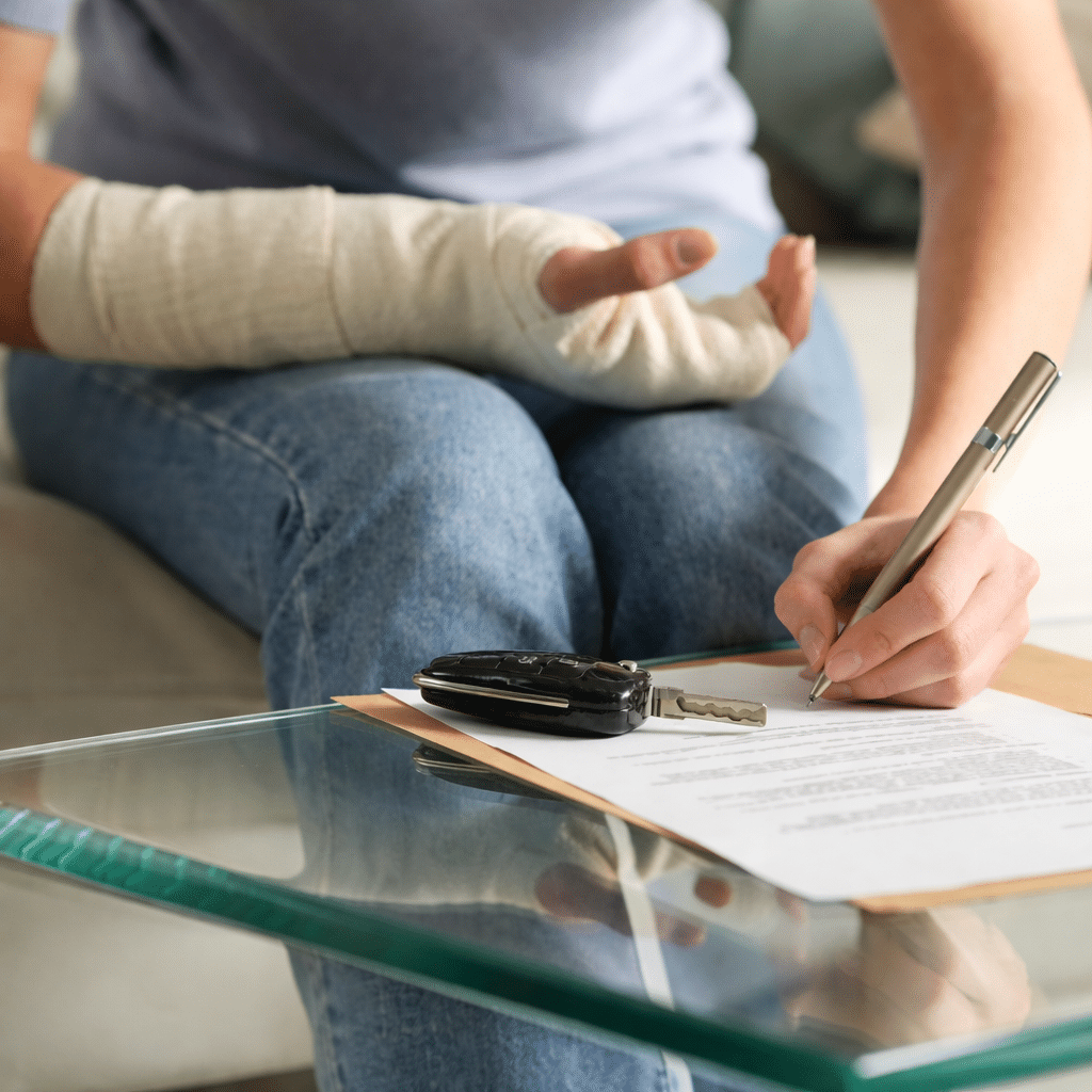 Woman signing document while injured