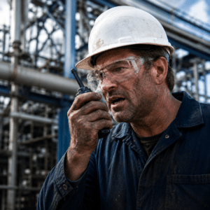 Oilfield worker talking into walkie talkie