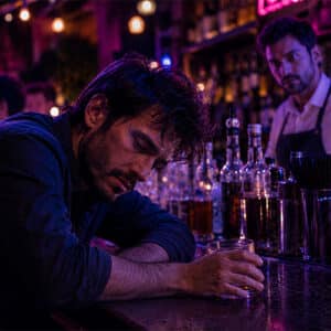bartender serving a visibly drunk man